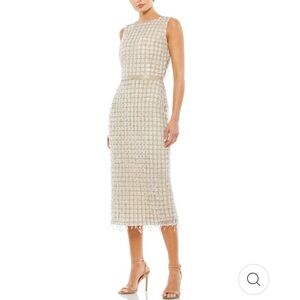 Mac Duggal Nude sleeveless High Neck Beaded Fringe Midi Sheath Dress #54…